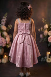 Girls Pink High Low Party Wear Frock with 3D Floral Applique