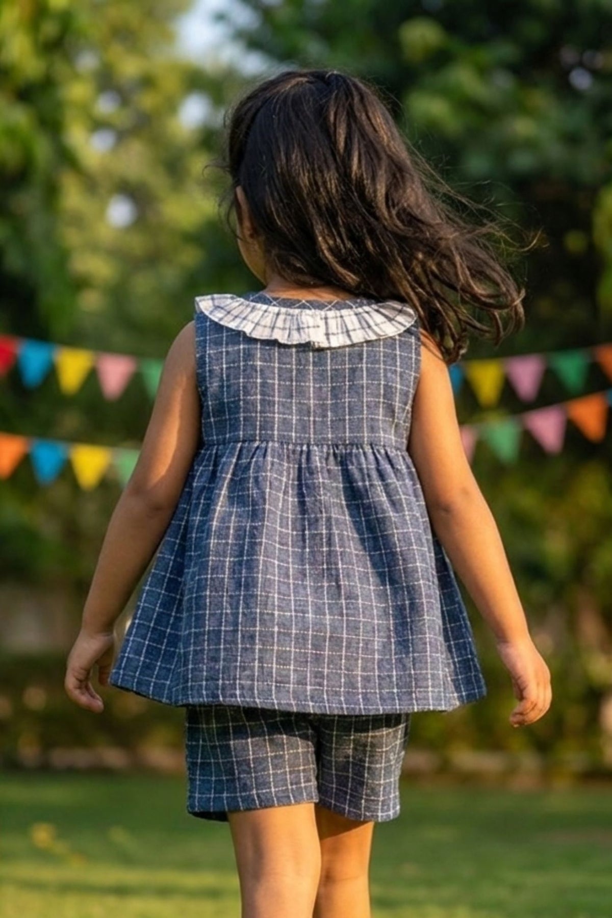 Adorable Girls Navy Blue Checked Top & Shorts Set with Ruffle Collar