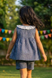 Adorable Girls Navy Blue Checked Top & Shorts Set with Ruffle Collar