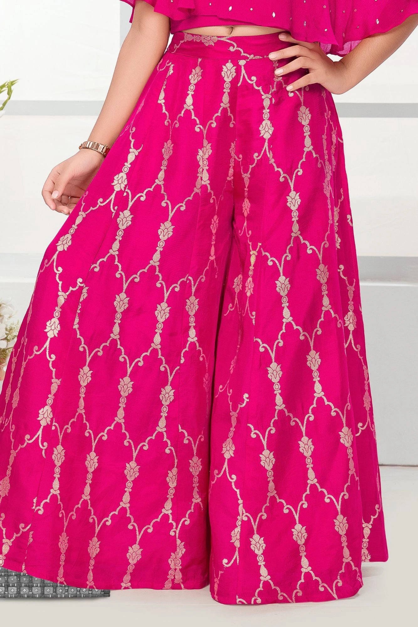 Rani Pink Off Shoulder Embroidered Palazzo Set For Girls