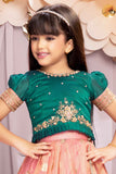 Green And Pink Puff Sleeves With Sequins Embroidery Pattu Pavadai Set For Girls