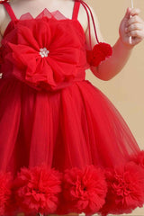 Red Sleeveless And Floral Embellished With Pearls Work Frock For Girls