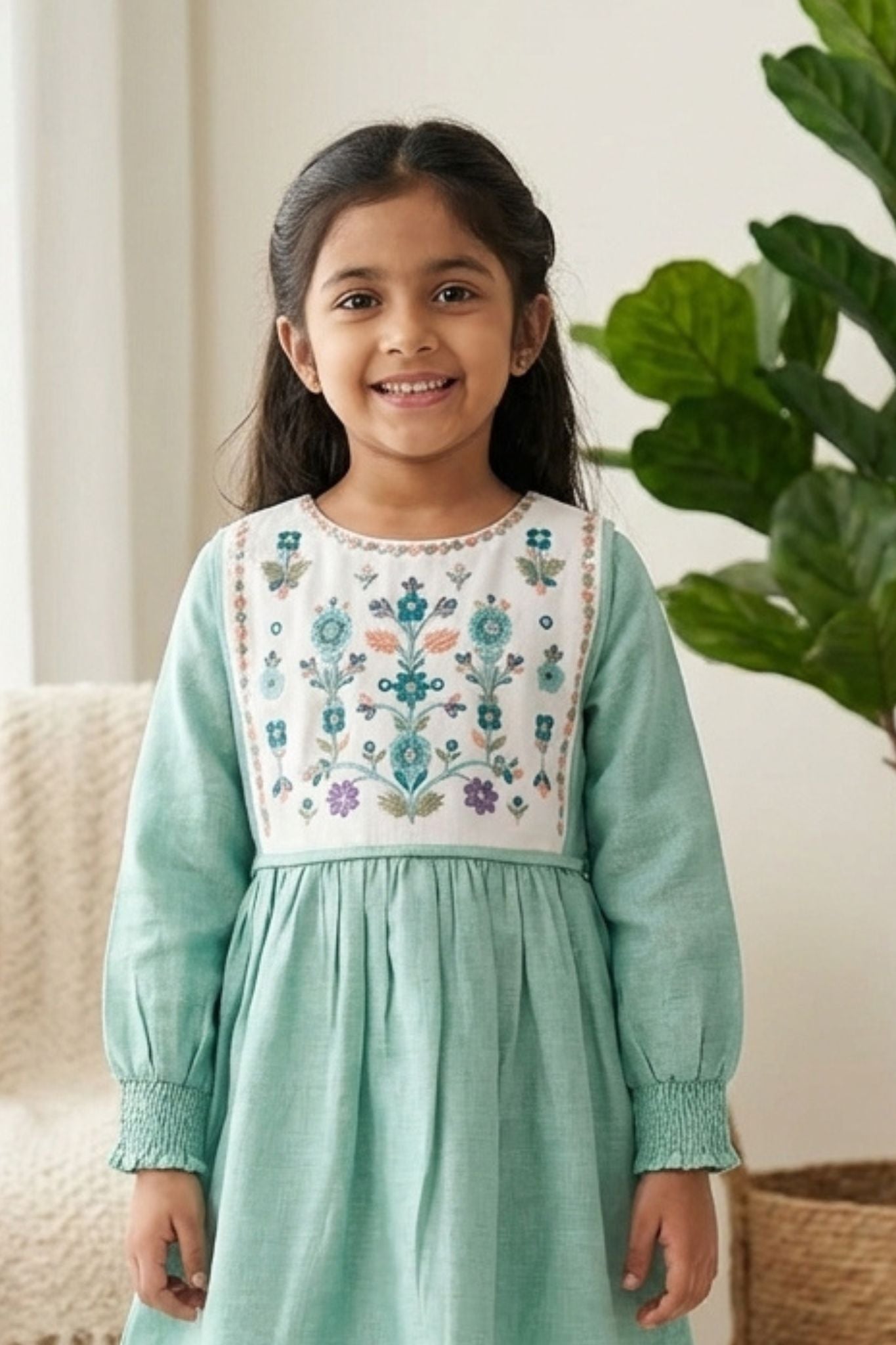Sea Green Cotton Dress with Multicolor Floral Embroidered Yoke For Girls