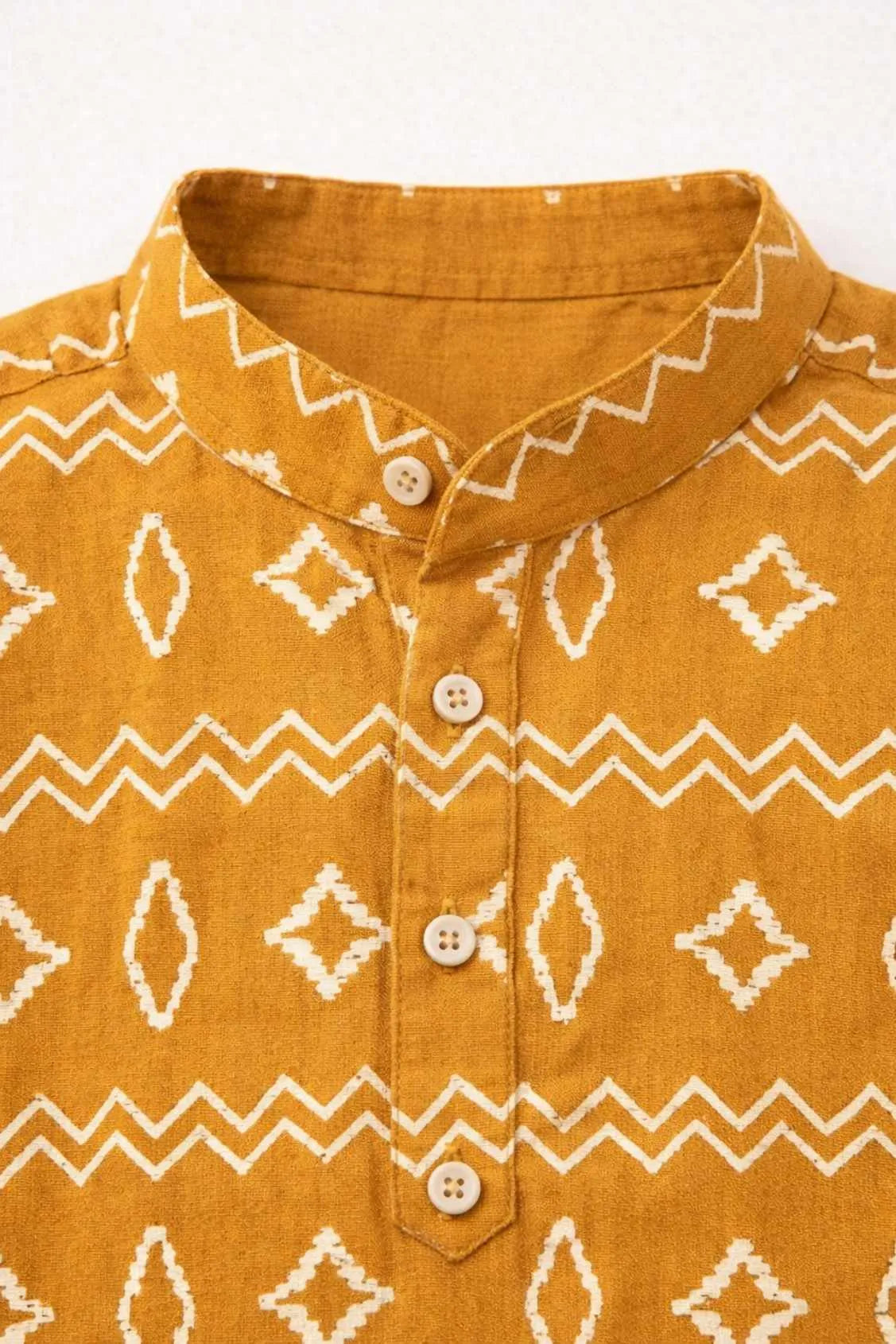 Mustard Printed Shirt with Mandarin Collar for Boys