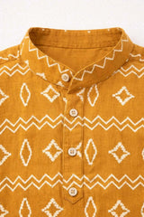 Mustard Printed Shirt with Mandarin Collar for Boys