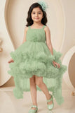 Green Net Tailback Floral Embellishment Frock With Hairband For Girls