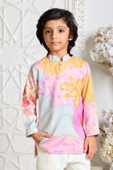 Stylish Boys Pastel Pink With Multicolor Floral Printed Kurta Set for Festive Wear