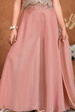 Girls Pink Embroidered Palazzo Set With Halter Neck And Dupatta