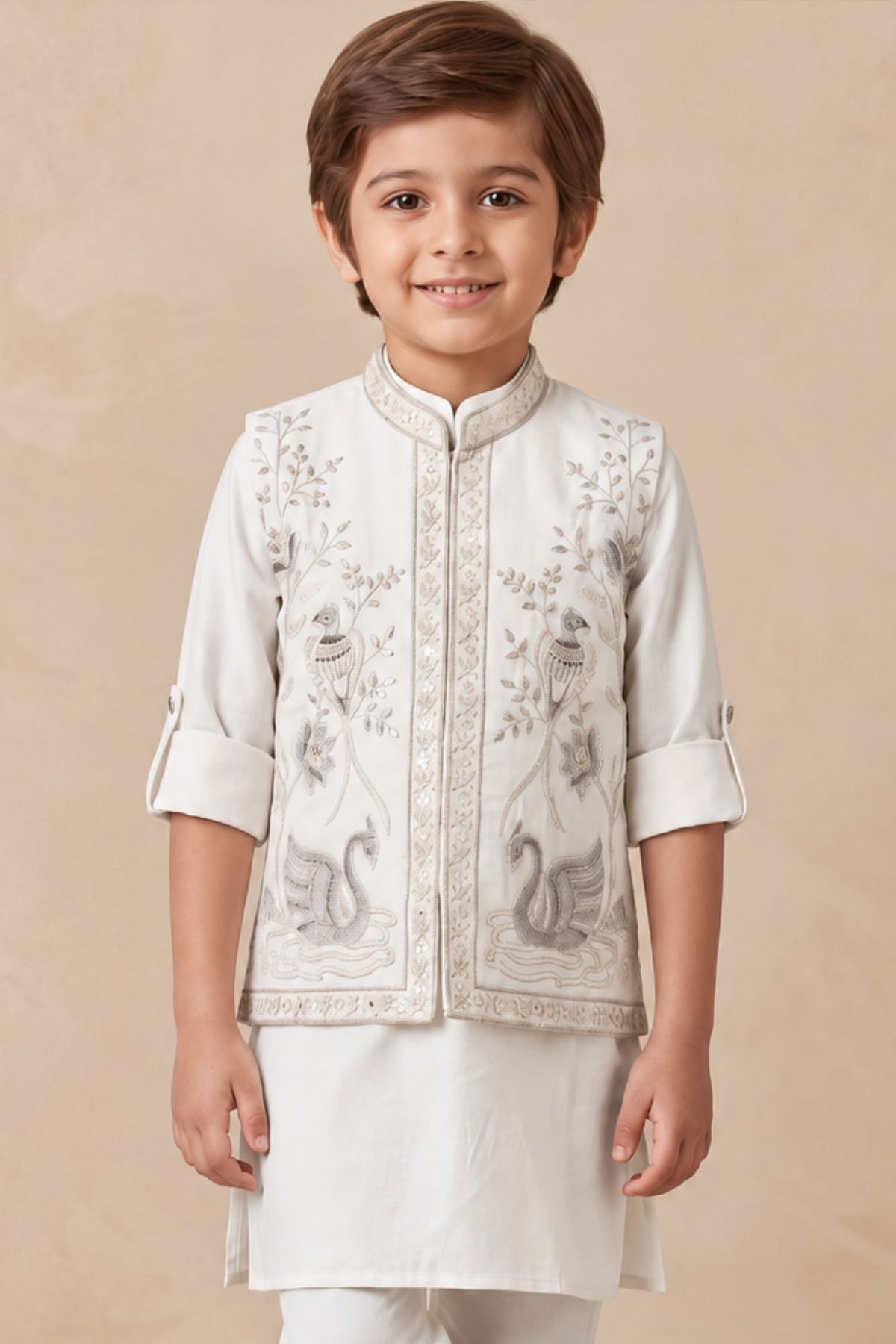 Boys Elegant Ivory Bird Kurta Set With Nehru Jacket