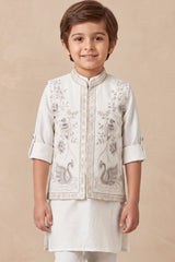 Boys Elegant Ivory Bird Kurta Set With Nehru Jacket