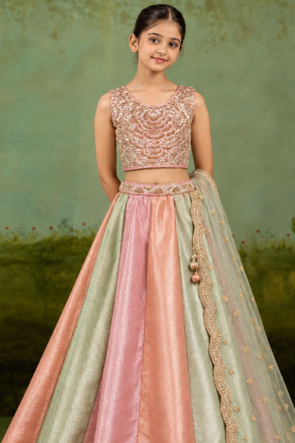 Girls Blush Pink And Mint Green Sequin Embellished Lehenga Choli Set