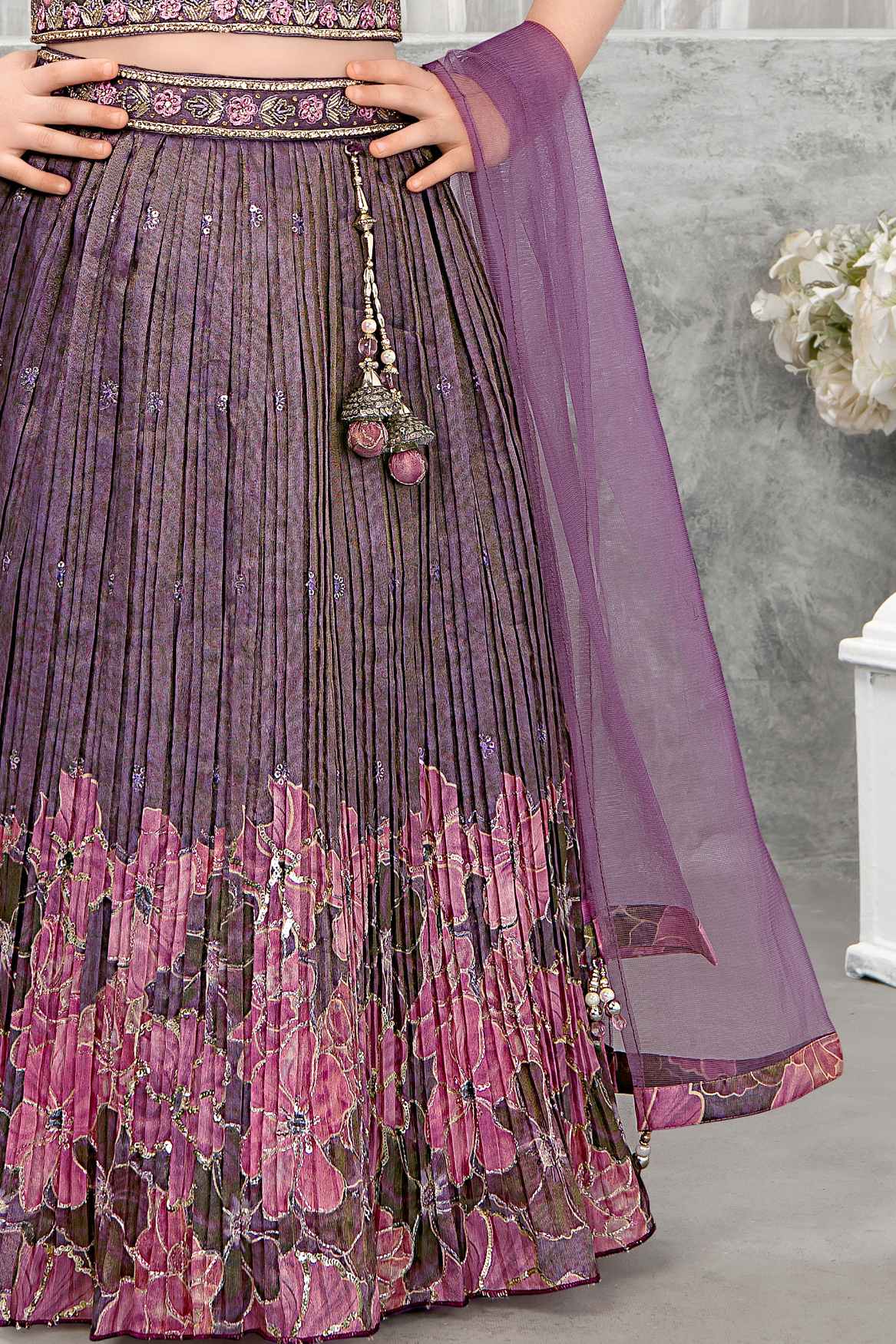 Lavender And Pink Floral Embroidered Lehenga Choli Set With Sequin Detailing For Girls