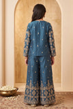 Blue  Geometric Diamond Embroidered Crop Top with Jacket and Palazzo Set