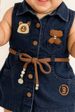 Dark Denim Sleeveless Dress With Bear Appliqué And Rope Belt For Girls