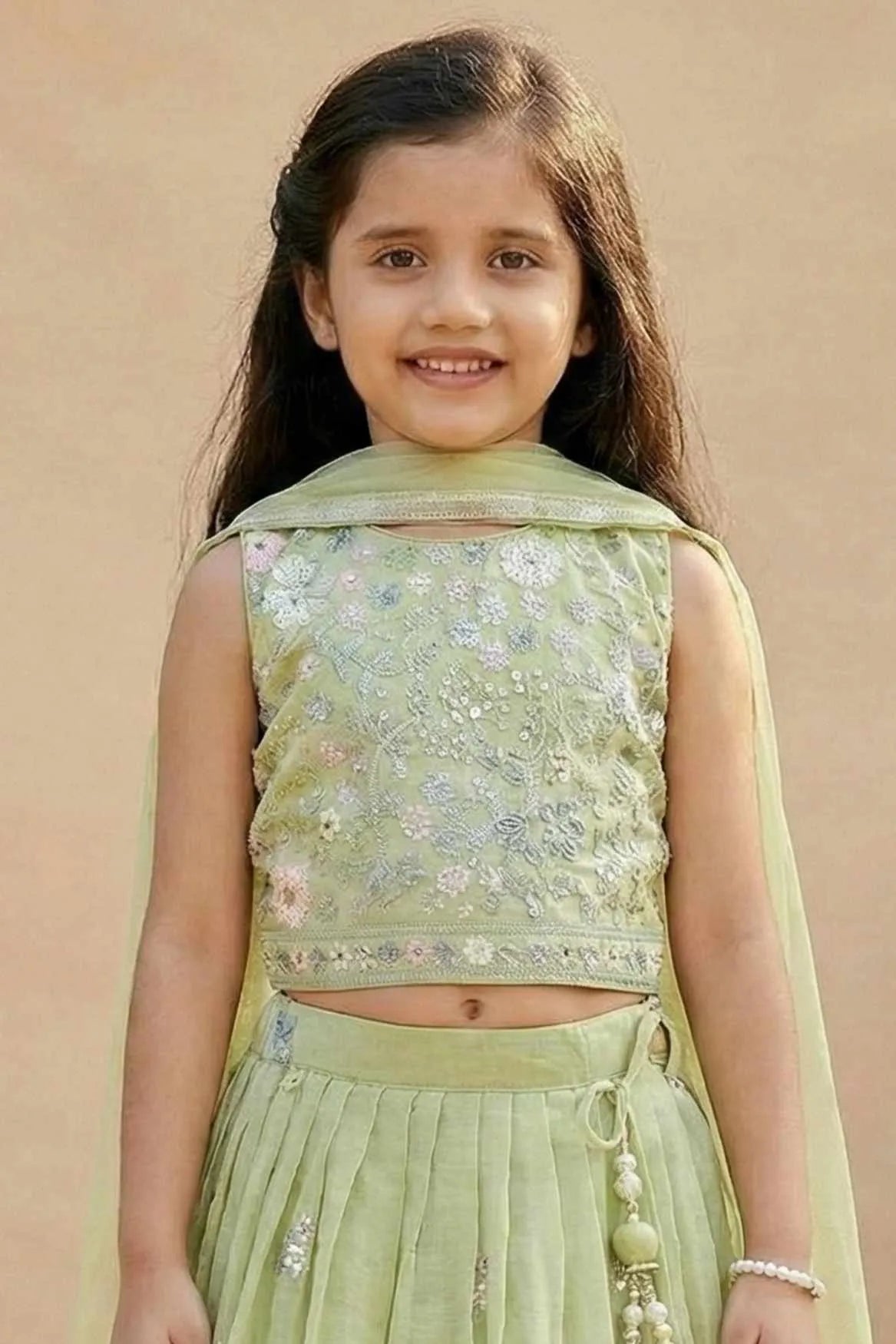 Pista Green Floral Embroidered Lehenga Choli with Dupatta For Girls