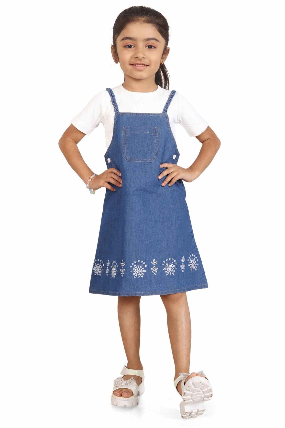 Blue Denim Stylish Dungaree With Floral Embroidery And White T-Shirt Set For Girls