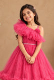 Rani Pink One-Shoulder Net Party Gown with Layered Ruffle Hem For Girls