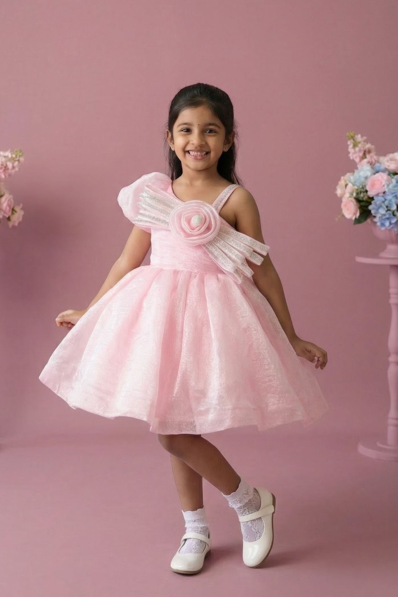 Pink One-Shoulder Party Frock with 3D Floral Bow For Girls