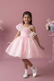 Pink One-Shoulder Party Frock with 3D Floral Bow For Girls