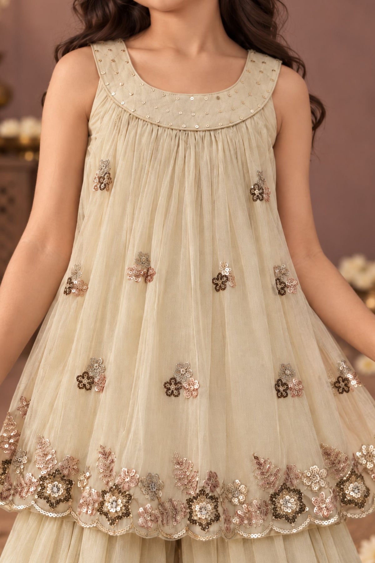 Girls Cream Floral Sequin Embellished Palazzo Set With Dupatta