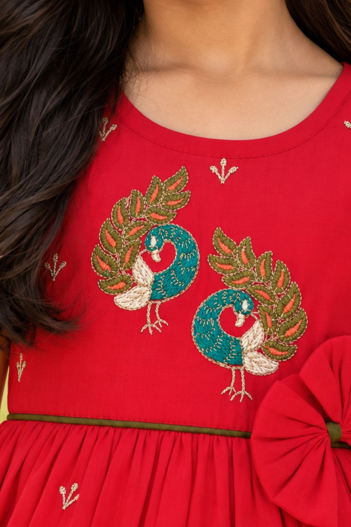 Girls Crimson Red Peacock Embroidered Ruffle Sleeve Flared Dress