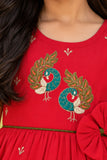 Girls Crimson Red Peacock Embroidered Ruffle Sleeve Flared Dress