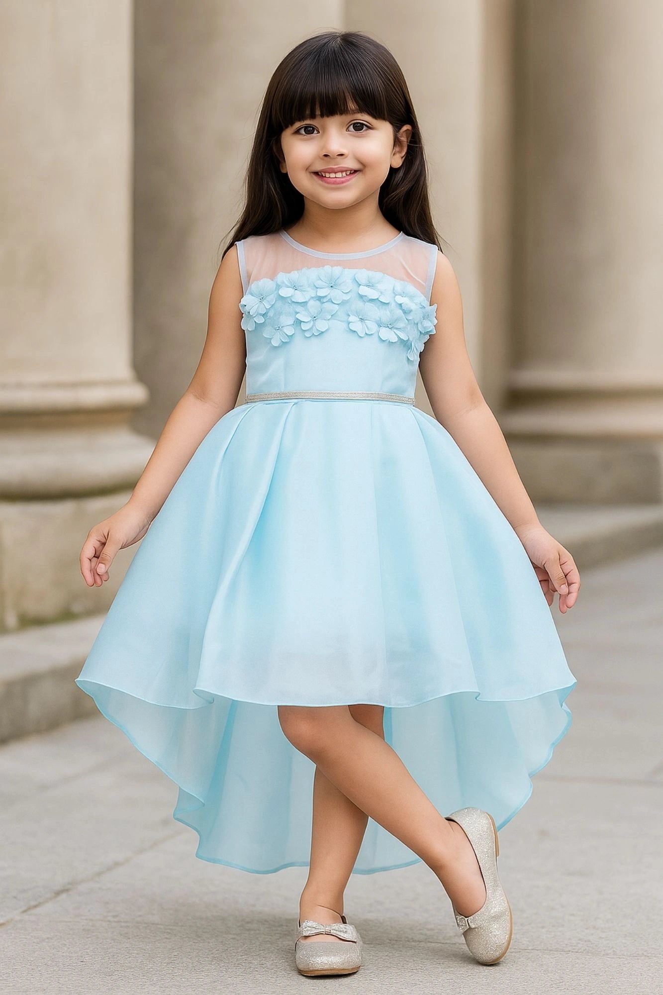Elegant Sky Blue Embellished High-Low Party Wear Frock with Floral Bodice For Girls