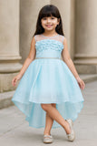 Elegant Sky Blue Embellished High-Low Party Wear Frock with Floral Bodice For Girls