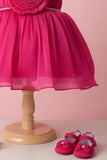 Pink Party Frock with Pleated Flower Appliqué and Shimmer Finish For Girls
