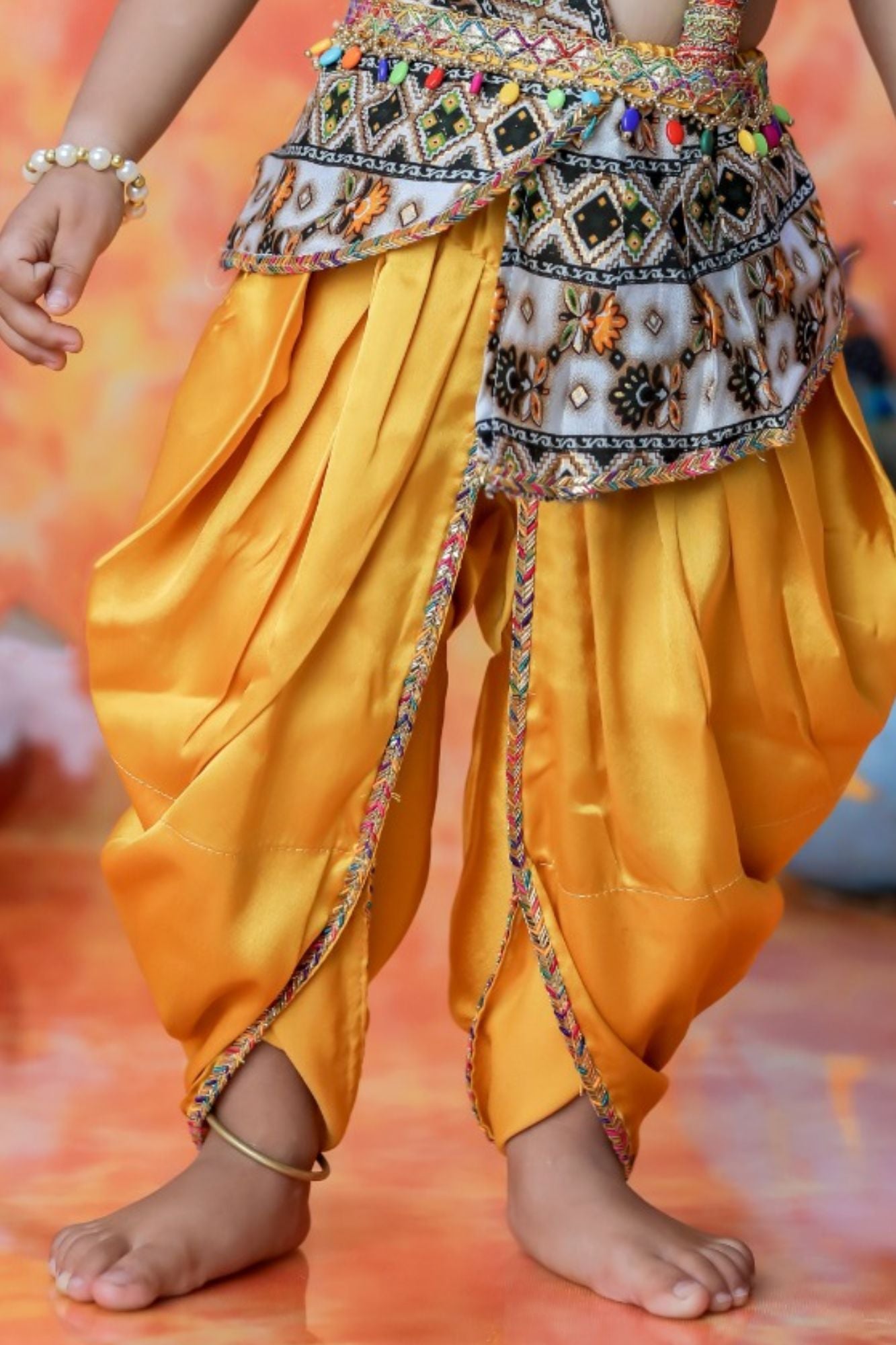 Mustard Yellow Krishna Janmashtami Dhoti Set with Patola-Inspired Angavastram for Boys