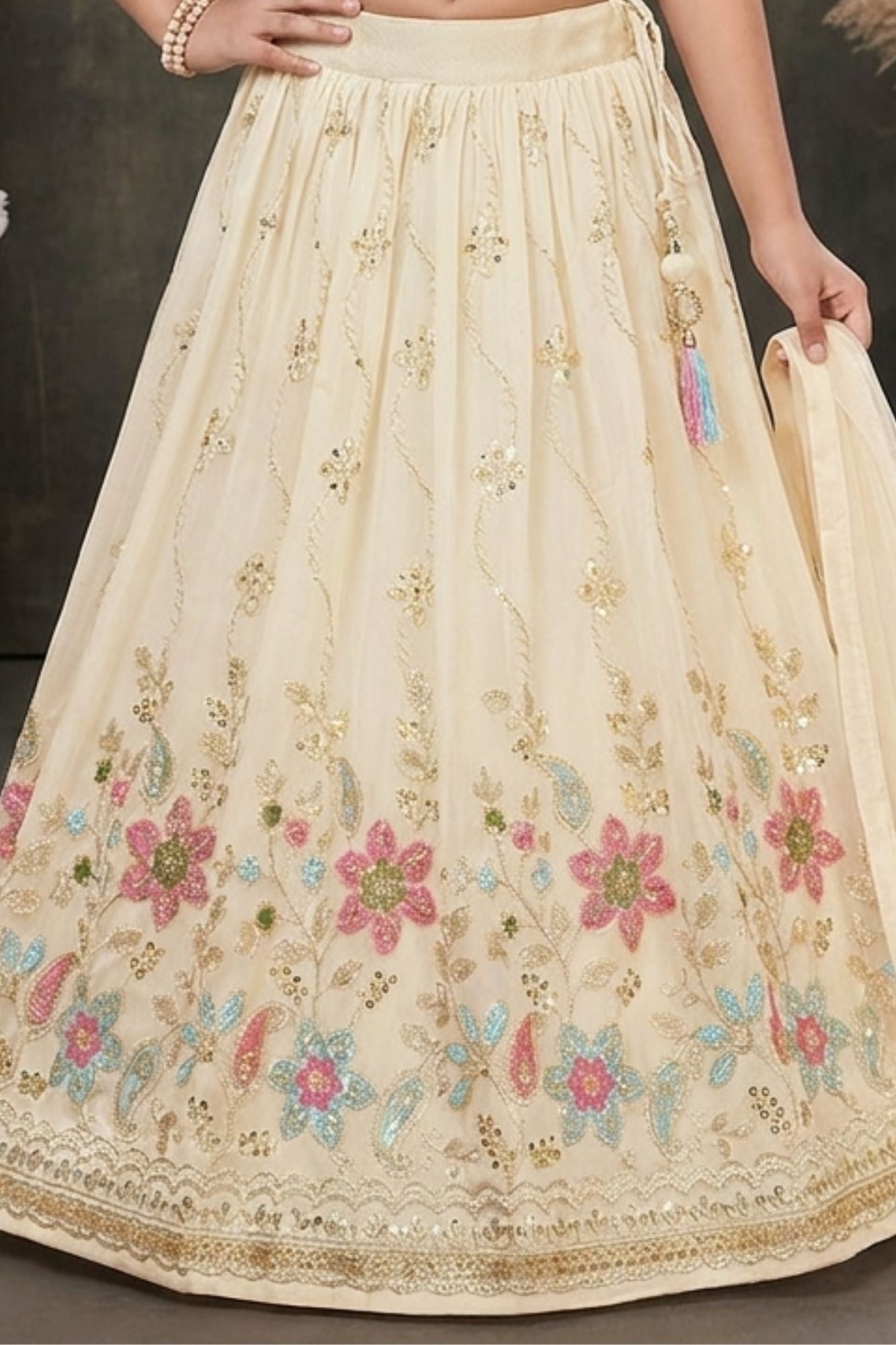 Girls Cream Embroidered Lehenga Choli with Dupatta