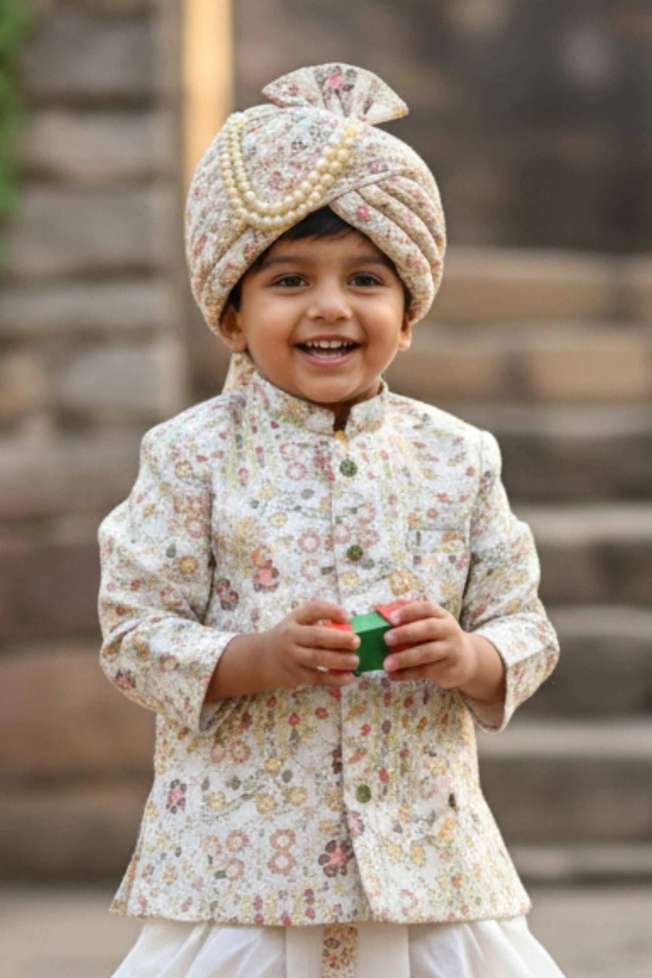 Cream Multi-Color Printed Kurta And Dhoti  Set for Boys