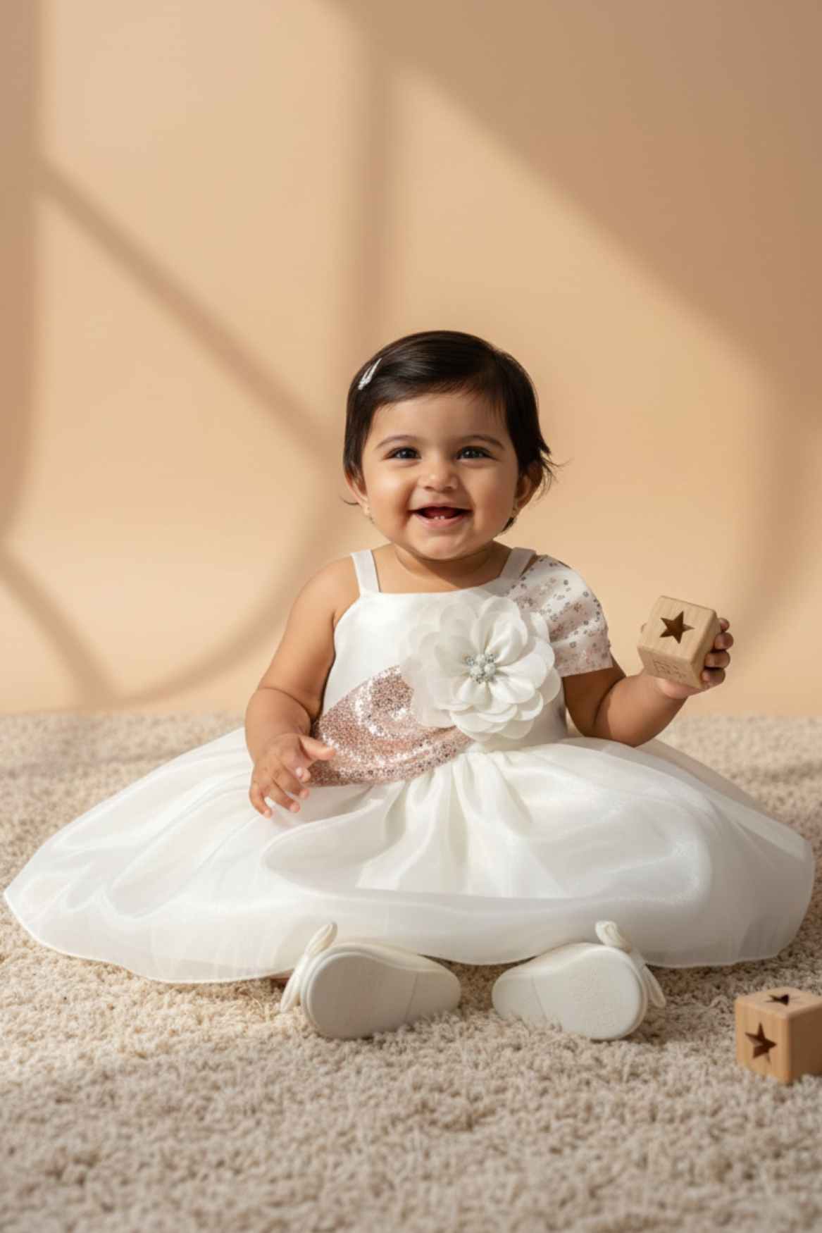 Cream Shimmer Party Frock with Sequin Floral Bow for Girls