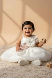 Cream Shimmer Party Frock with Sequin Floral Bow for Girls