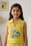 Yellow Floral Printed Sleeveless Co-Ord Set with Wide-Leg Culottes for Girls