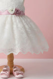 Ivory Party Dress With Floral Appliqué For Girls
