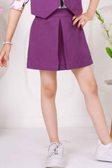 Purple Waist Coat And Skirt With Floral Printed Top Set For Girls