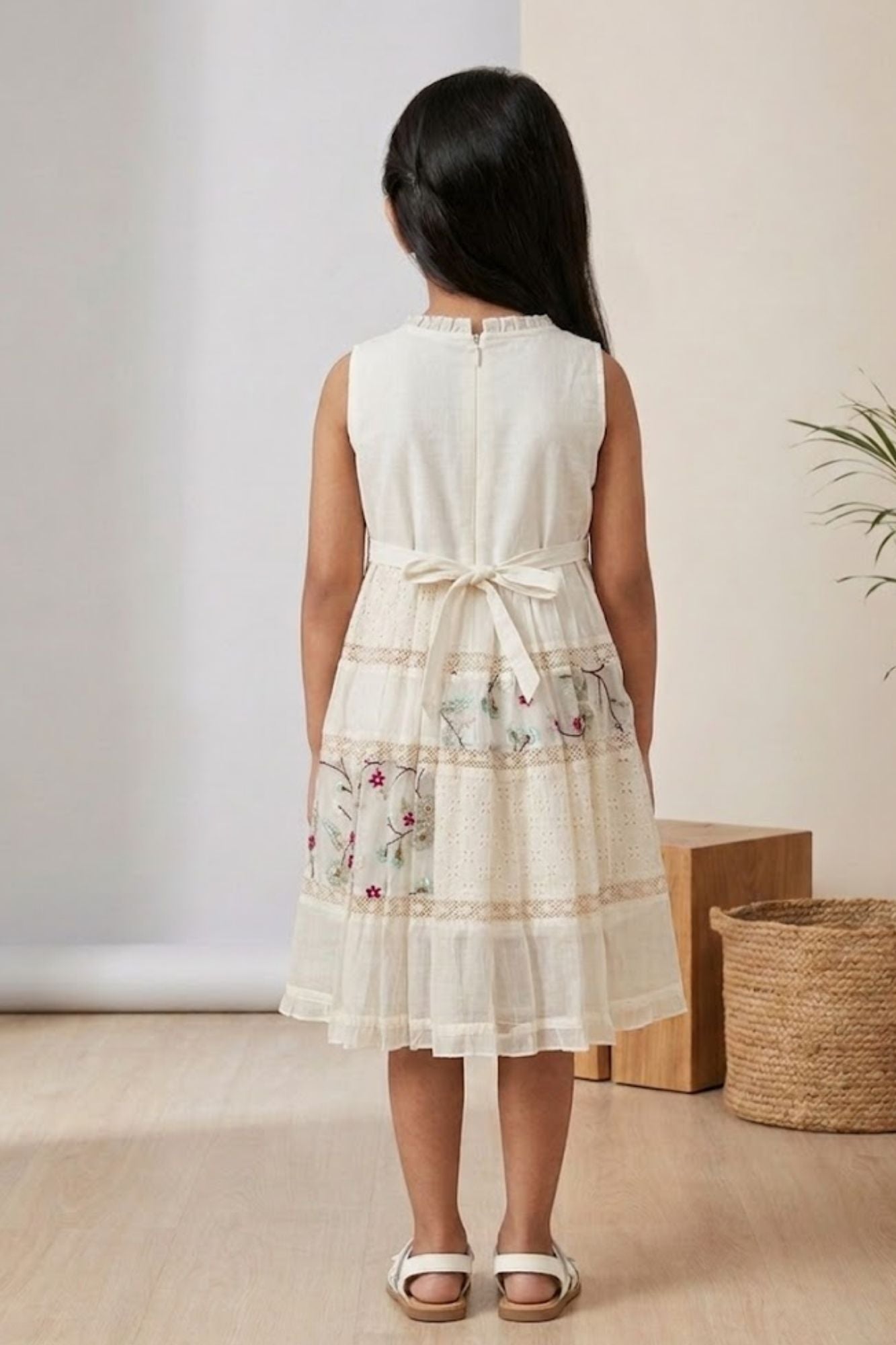 Girls Off-White Floral Embroidered Dress with Tie-Up Neck