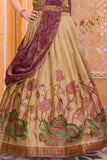 Girls Gold Lehenga Choli With Floral Embroidery And Maroon Dupatta