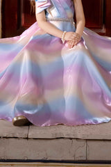 Multicolor Gown Embellished With Floral And Stone Waist Band For Girls