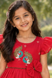 Girls Crimson Red Peacock Embroidered Ruffle Sleeve Flared Dress