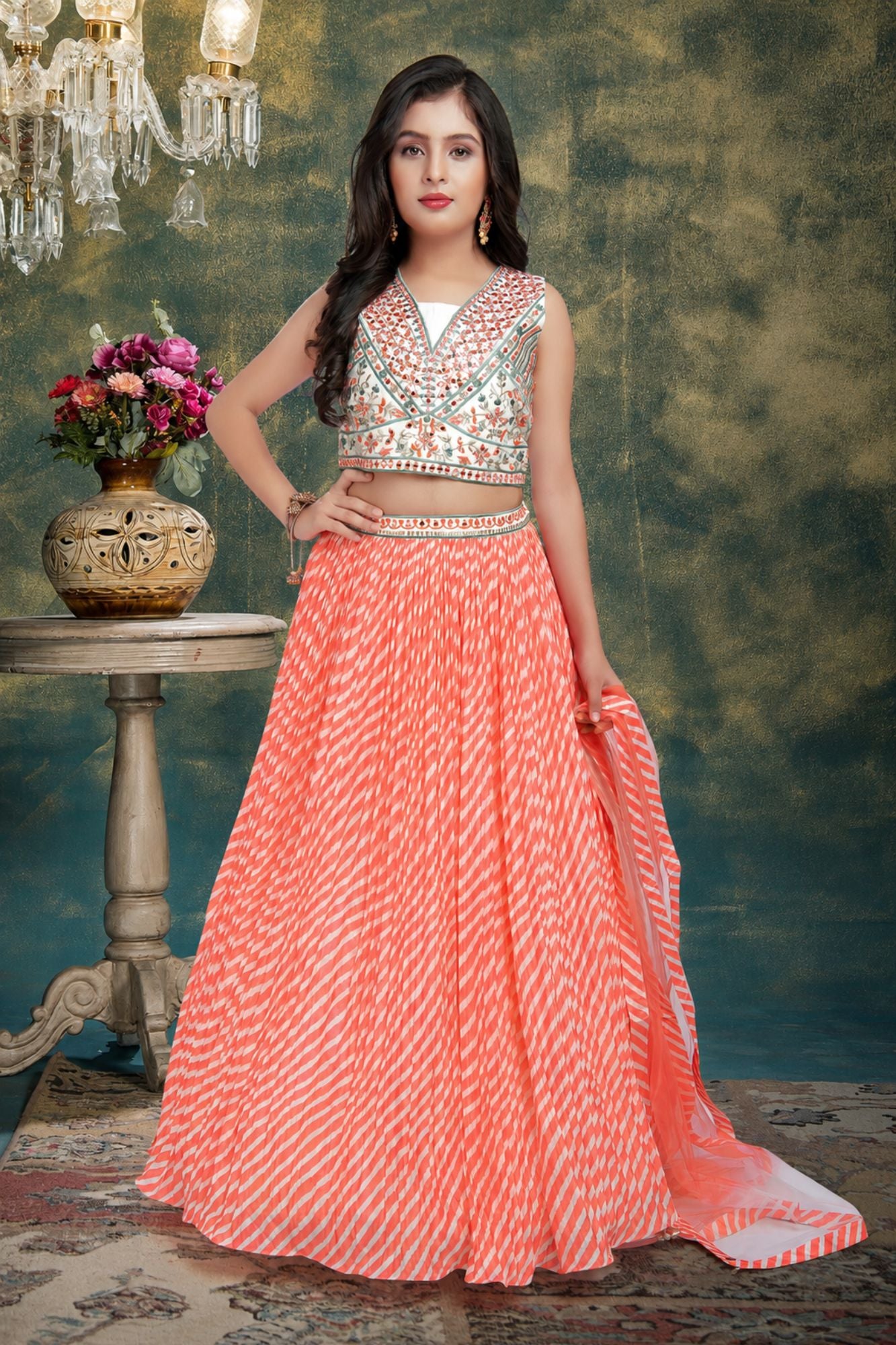 Coral & White Printed Lehenga Choli Set