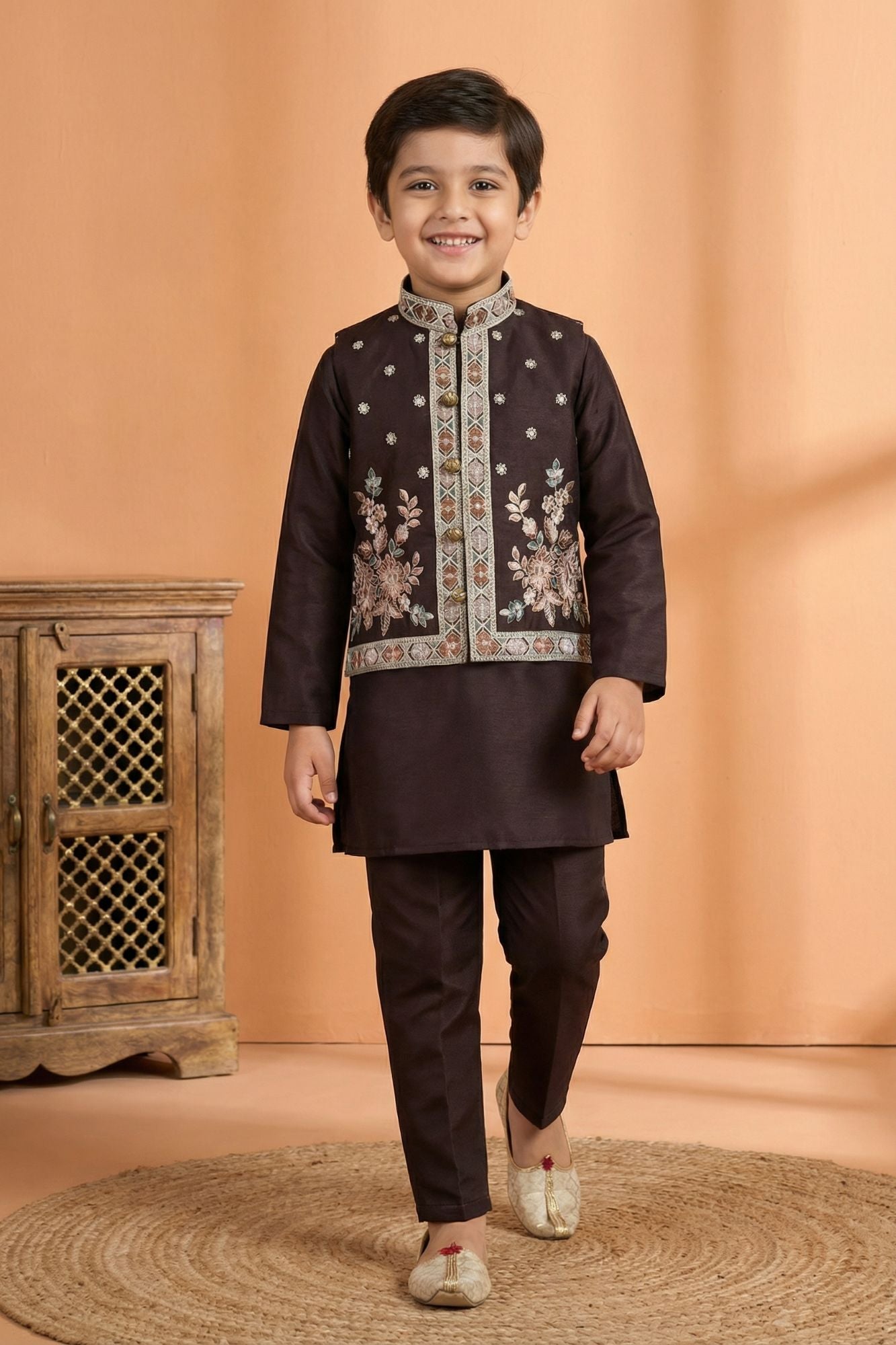 Wine Embroidered Kurta Set with Nehru Jacket For Boys