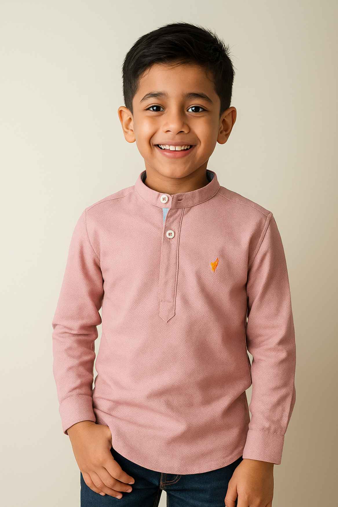 Peach Mandarin Collar Shirt With Roll-Up Sleeves For Boys