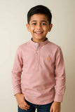 Peach Mandarin Collar Shirt With Roll-Up Sleeves For Boys