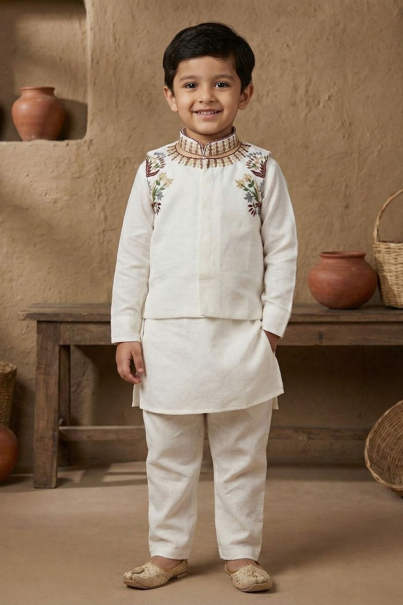 Ivory Embroidered Kurta Pajama Set With Jacket For Boys