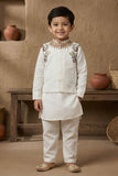 Ivory Embroidered Kurta Pajama Set With Jacket For Boys
