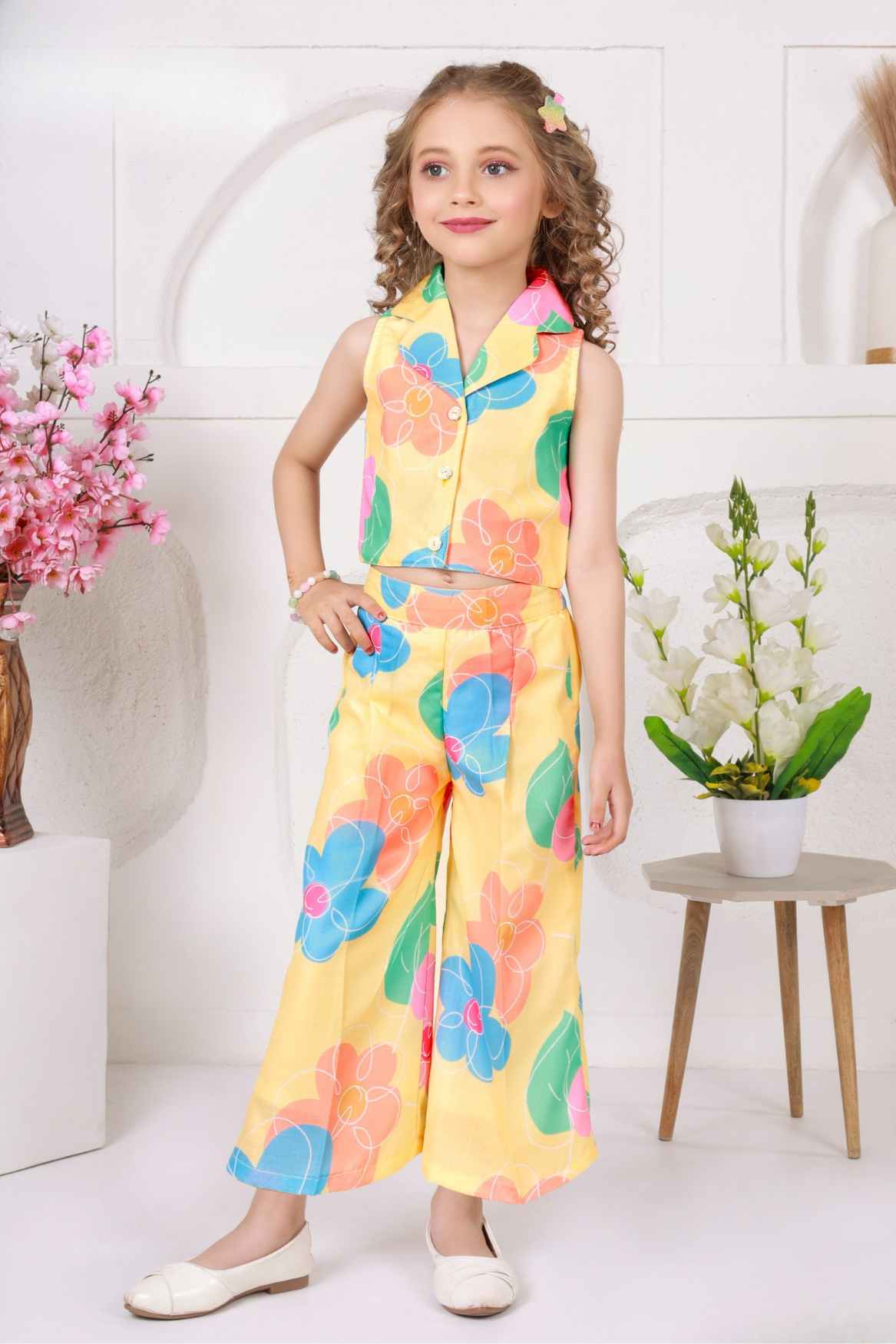 Trendy Lemon Yellow Floral Printed Sleeveless Jacket And Pant Co Ord Set For Girls