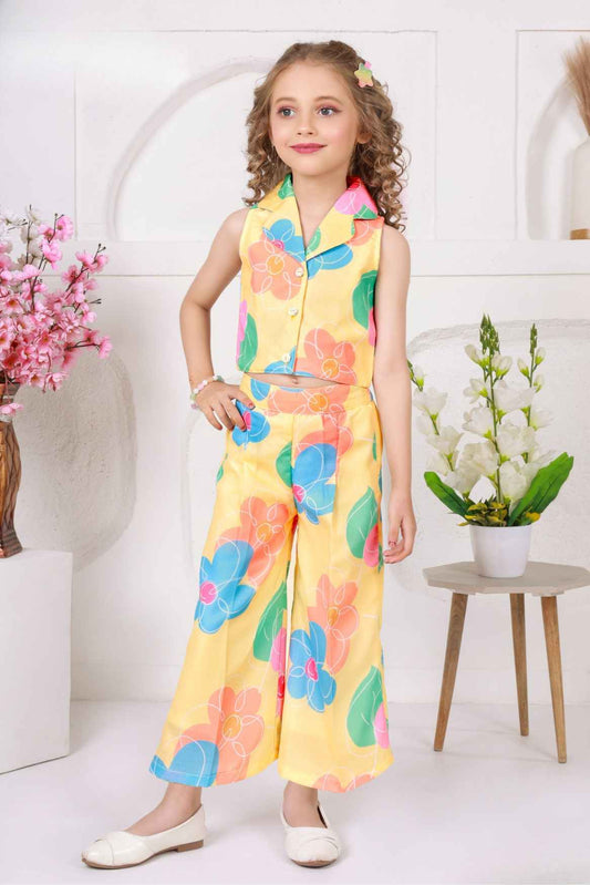 Trendy Lemon Yellow Floral Printed Sleeveless Jacket And Pant Co Ord Set For Girls