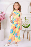 Trendy Lemon Yellow Floral Printed Sleeveless Jacket And Pant Co Ord Set For Girls